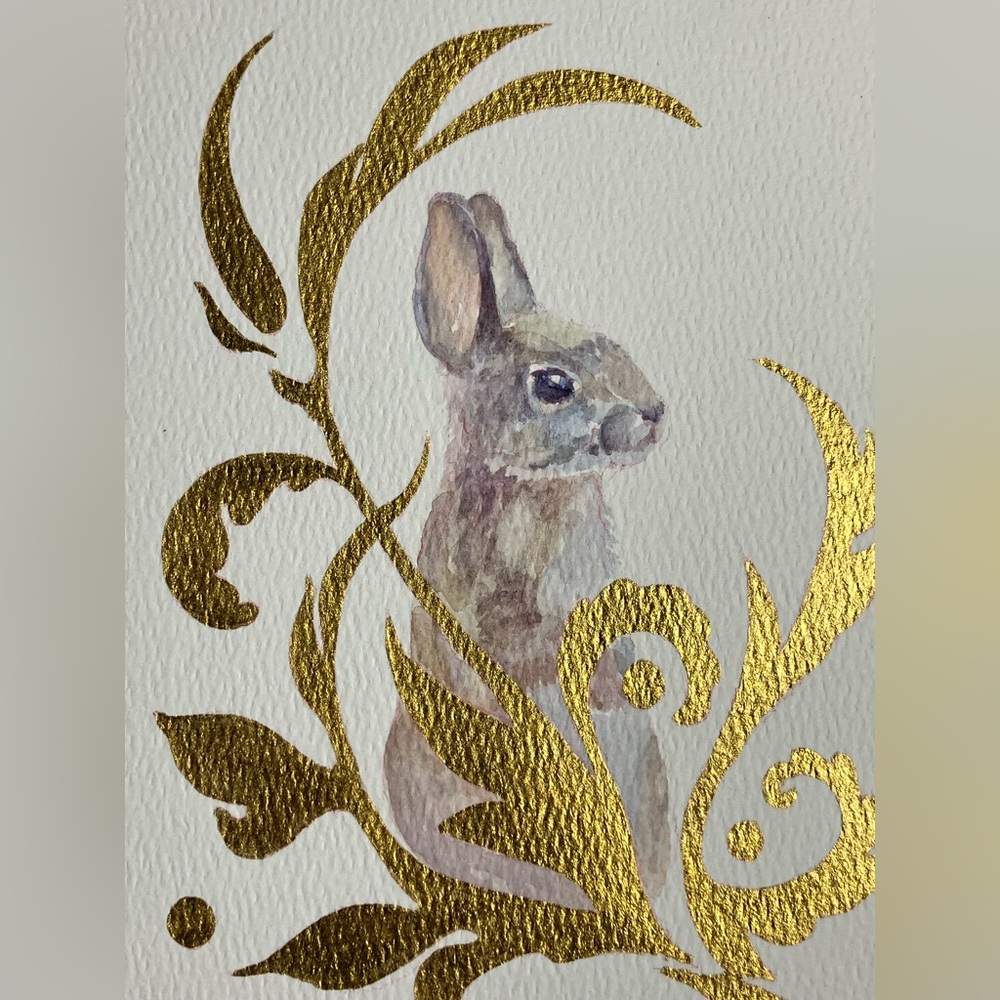 Rabbit Original Watercolor painting Art Bunny Gold accents Floral Artettina USA - Picture 2 of 8